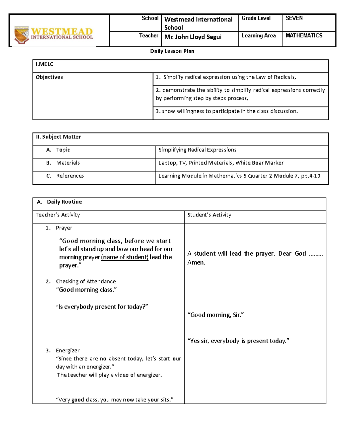 Detailed Lesson Plan: Simplifying Radical Expressions for Grade 7 Math ...