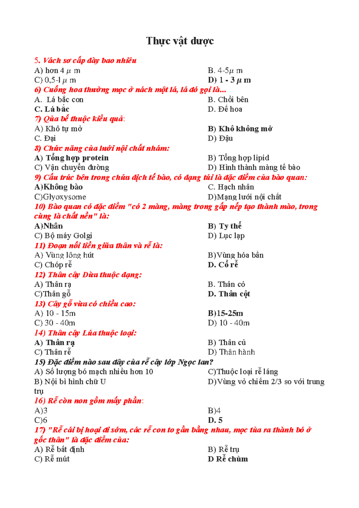 TRAC Nghiem THUC VAT - Trắc Nghiệm Thực Vật Dược 5 - Document Preview