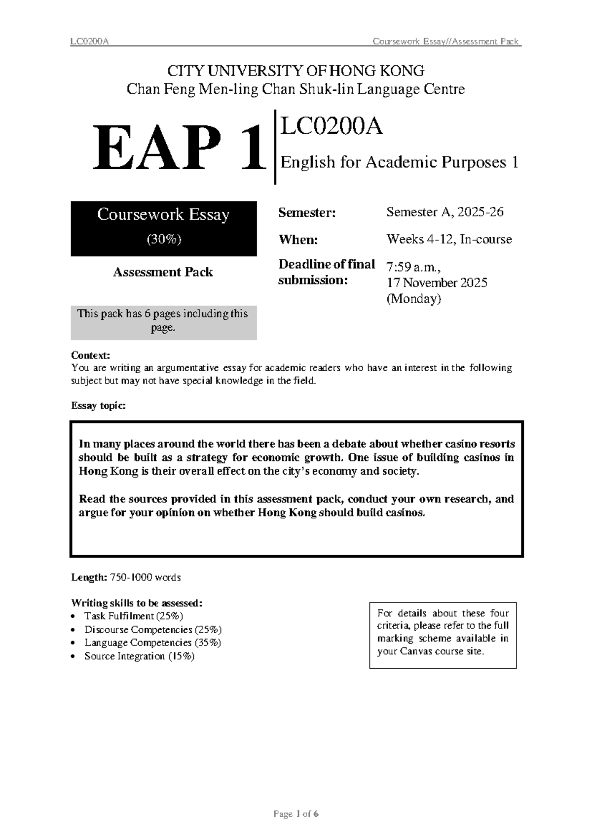 EAP1 (LC0200A) Argumentative Essay Assessment Pack - Sem A 2025-26 ...