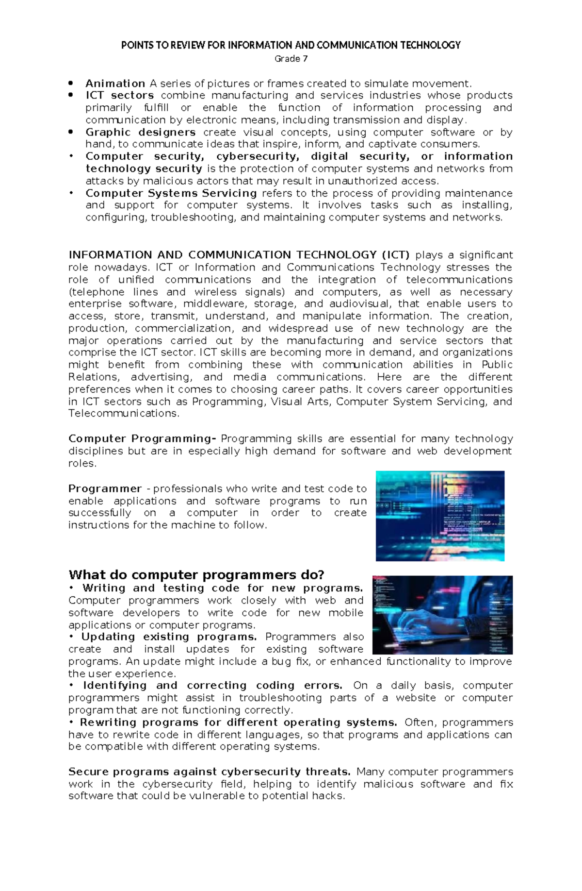 ICT 7 Review Points: Understanding Animation & Cybersecurity - Studocu