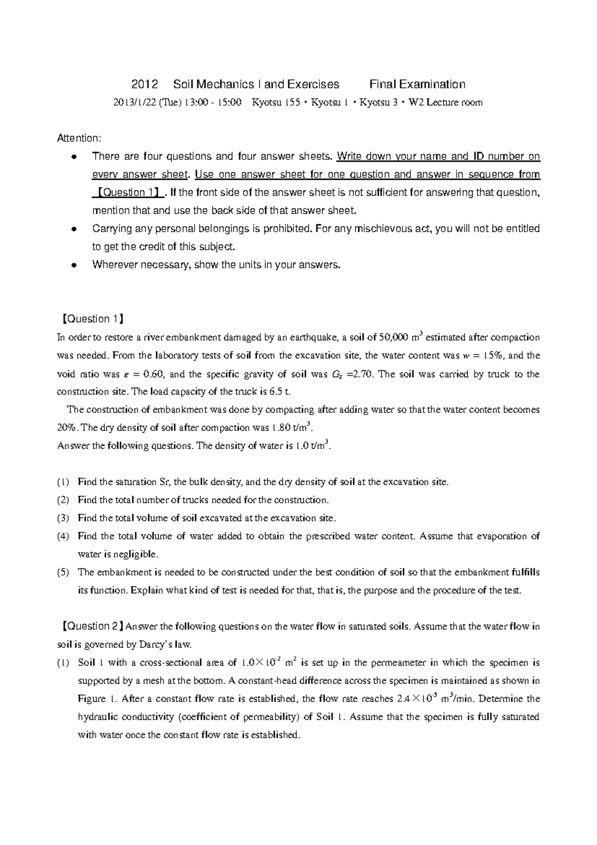 Soil Mechanics I Final Exam Questions and Solutions (2013) - Studocu