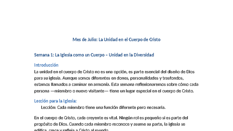 Bosquejo de Julio: La Unidad en el Cuerpo de Cristo - Studocu