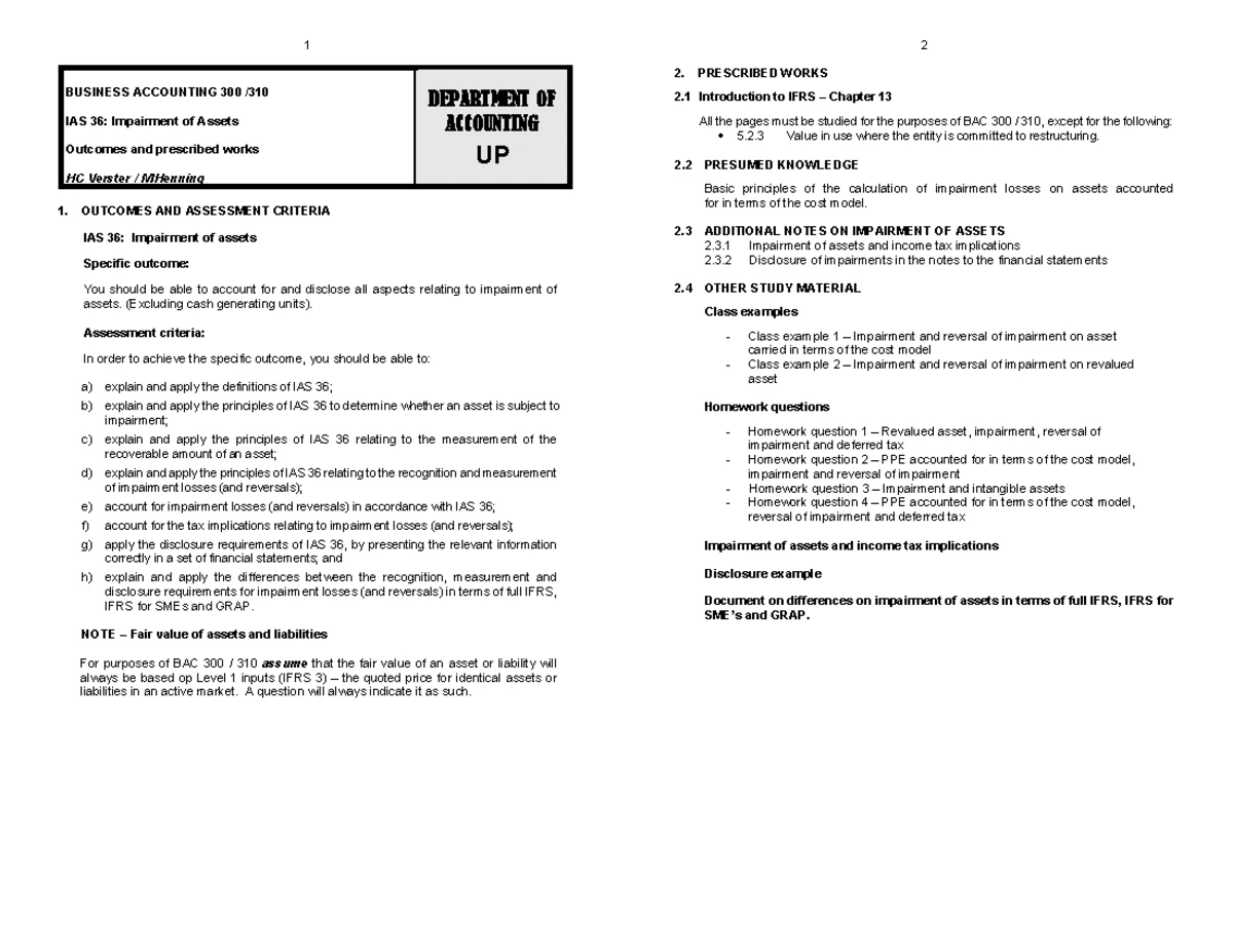 FRS 5 Summary: Impairment Loss & Reversal IAS 36 Calculations - Studocu
