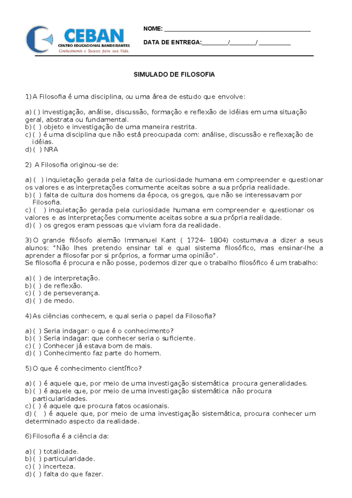 Simulado de Filosofia - CEBAN: Questões e Gabarito Completo - Studocu