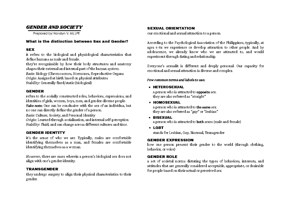 GENSOC 101 Prelim Lecture Notes: Understanding Gender and Society - Studocu
