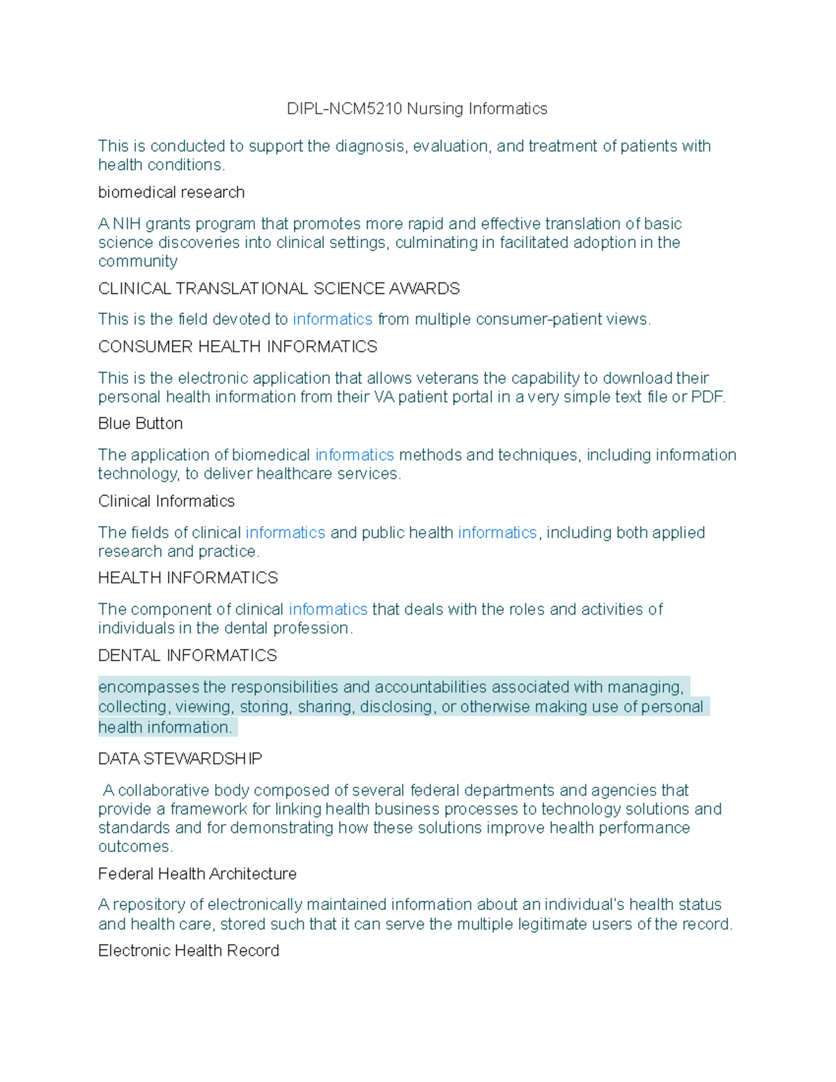 NCM5210 Nursing Informatics 2nd Sem Study Guide and Notes - Studocu