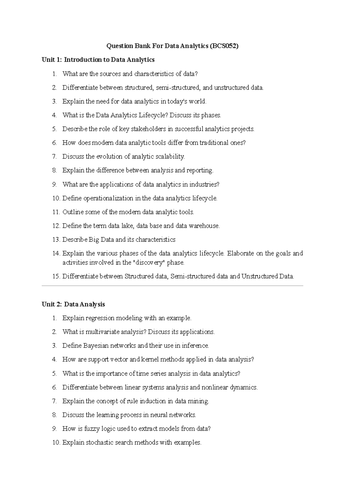 Question Bank For Data Analytics - Explain the need for data analytics ...
