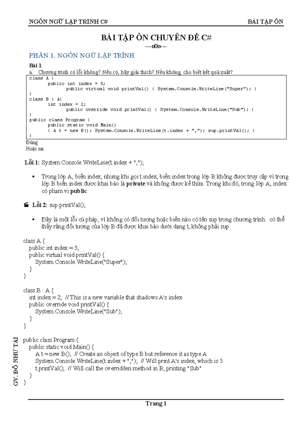 Đề ôn tập C# - Bài tập và Giải mã Cú pháp - Document Preview