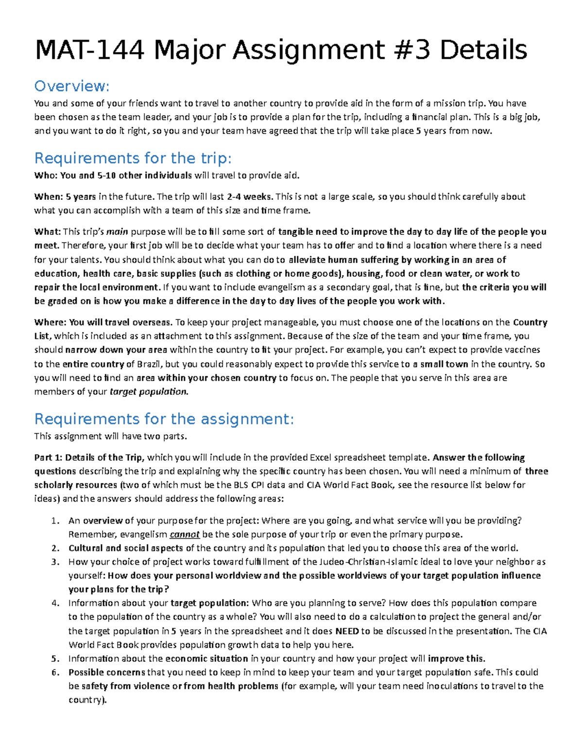 MAT-144 Major Assignment 3: Mission Trip Planning Guidelines - Studocu