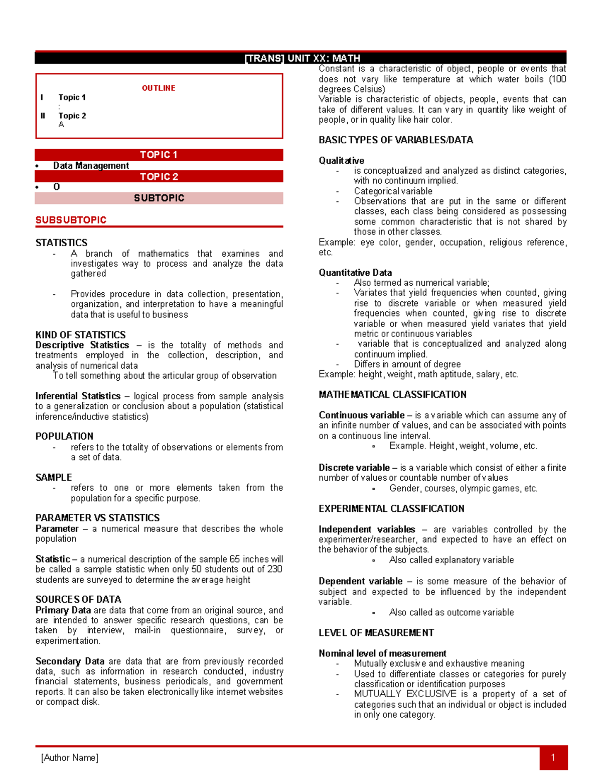MATH 102 Semi-Final Exam Review: Data Management & Statistics Concepts ...