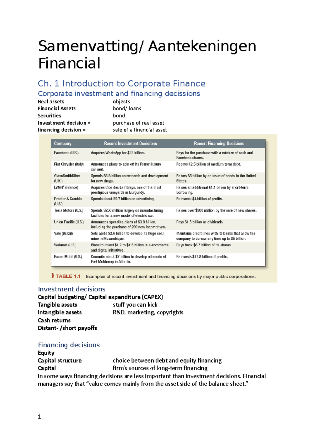 Finance Summary: Key Notes on Corporate Finance Concepts - Studeersnel