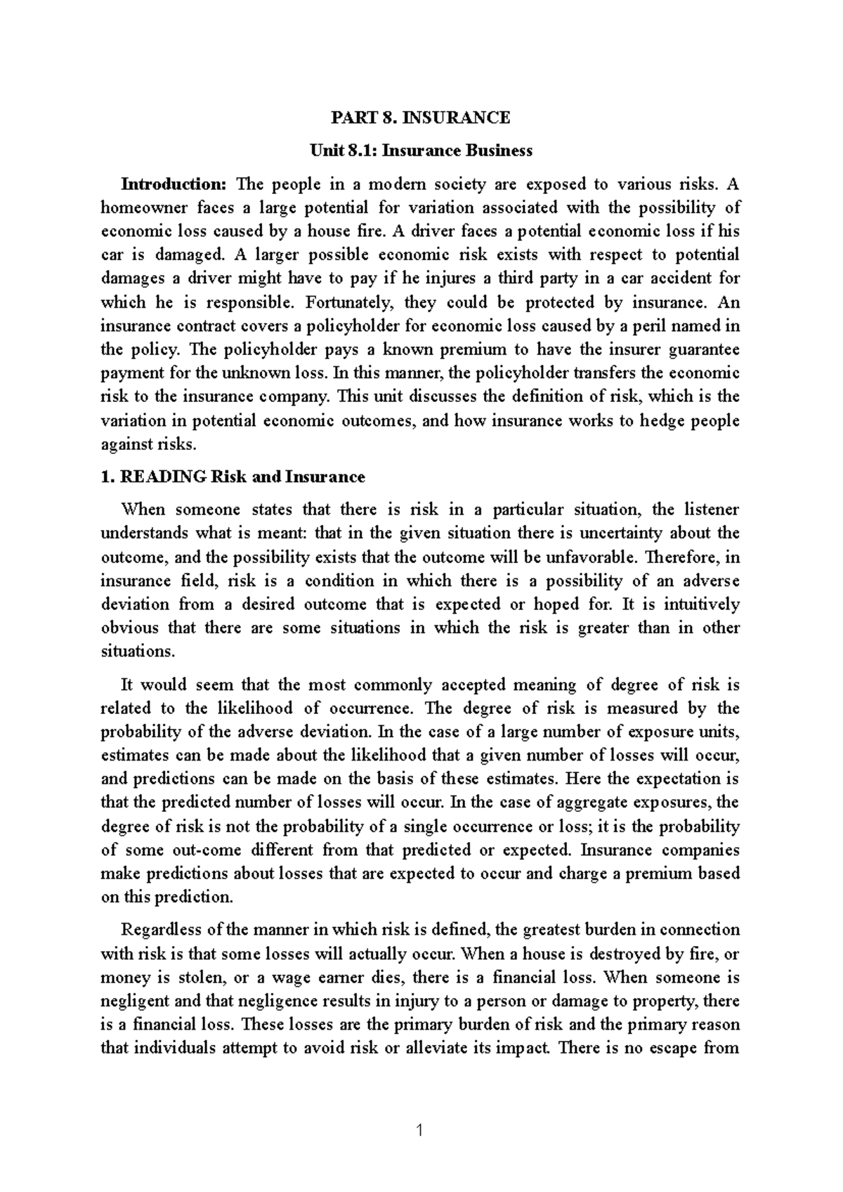 Unit 8.1: Introduction to Insurance and Risk Management - Studocu