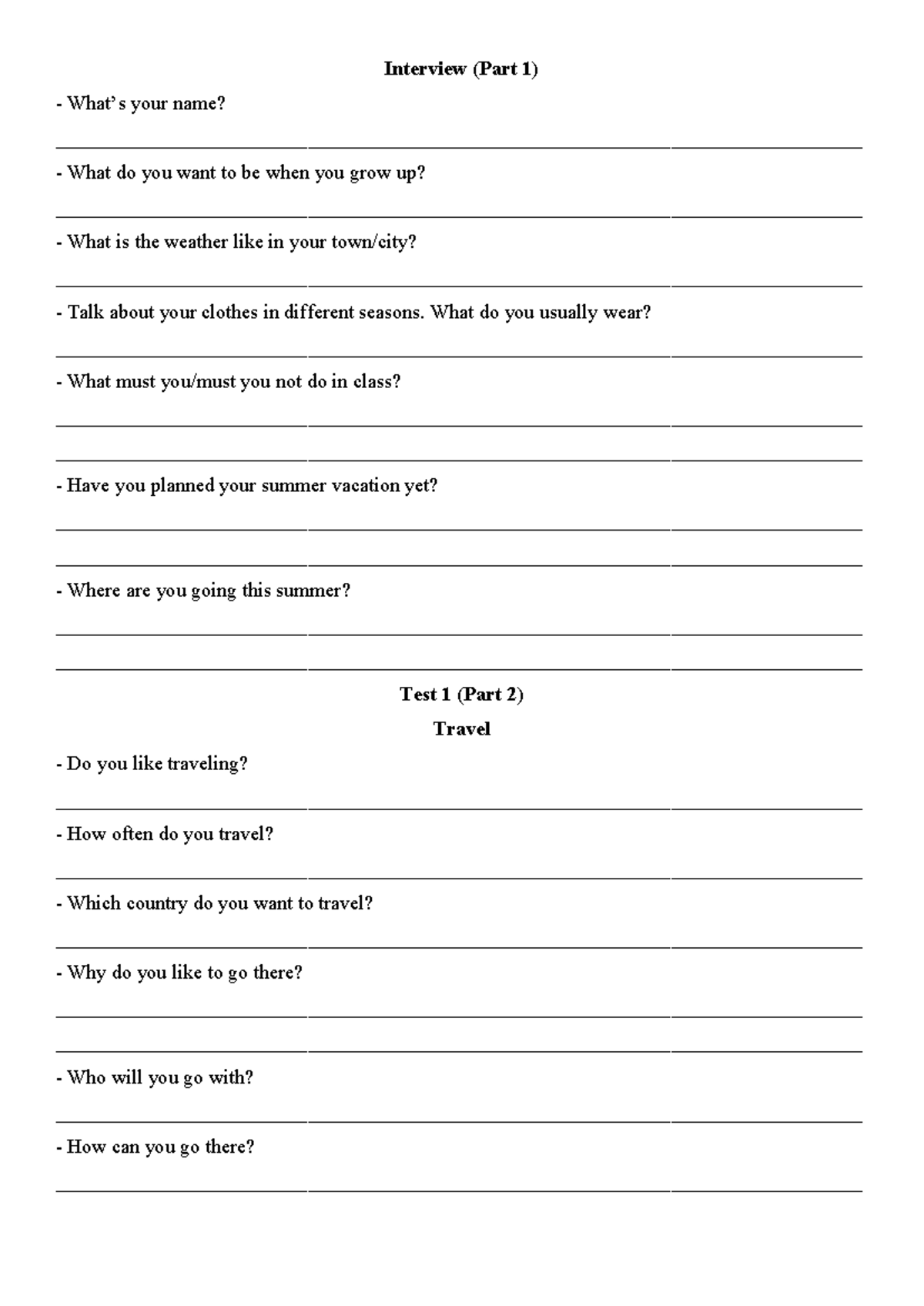 Speaking Practice: Interview & Travel Questions (Test 1) - Studocu