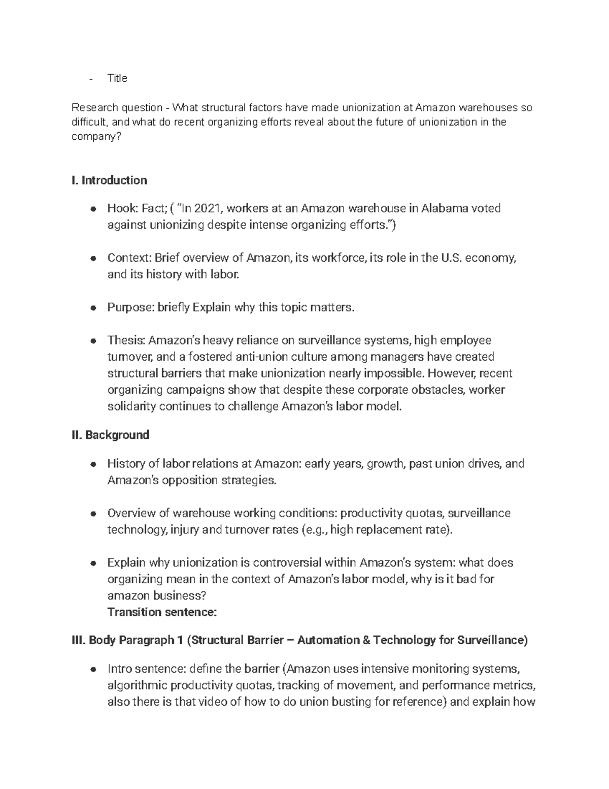 Structural Barriers to Unionization at Amazon: An Outline Analysis ...