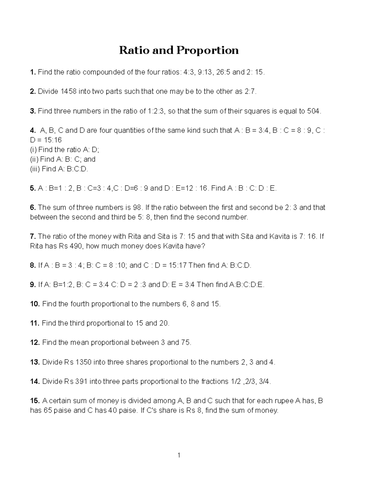 Ratio and Proportion - Exercises and Solutions - Studocu