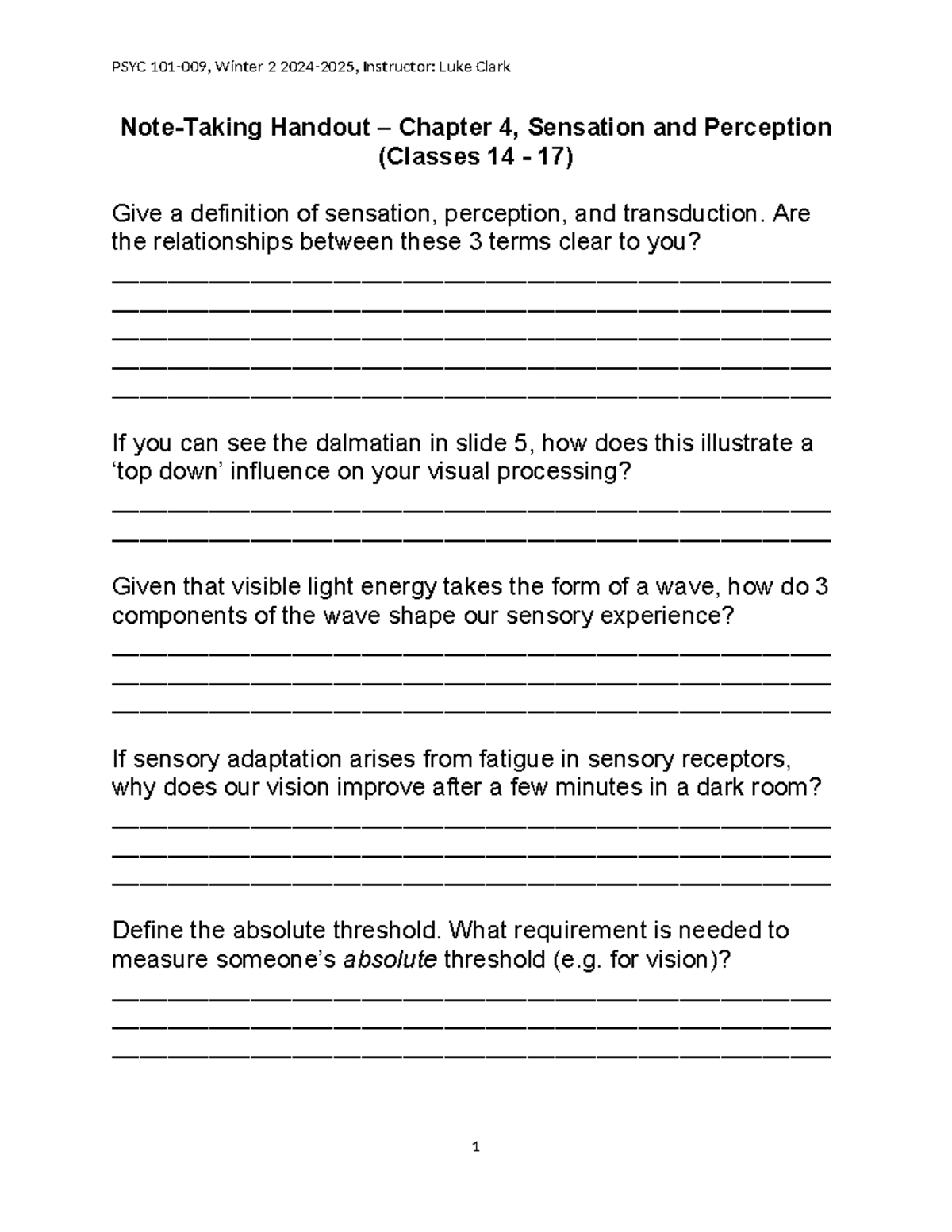 PSYC 101-009 Note-Taking Handout: Chapter 4 on Sensation & Perception ...