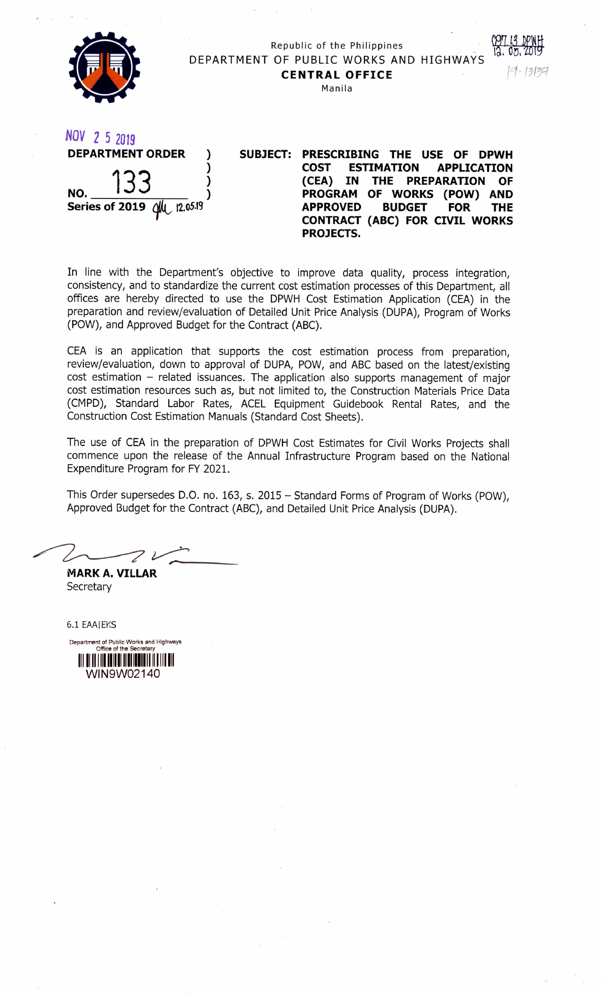 DO 133 s2019 - Memo on Cost Estimation Application for Civil Works ...