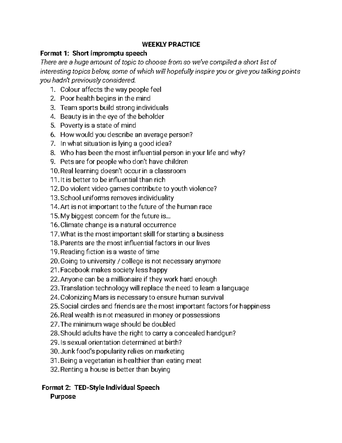 PS: Weekly Practice Topics for Impromptu Speeches - Studocu