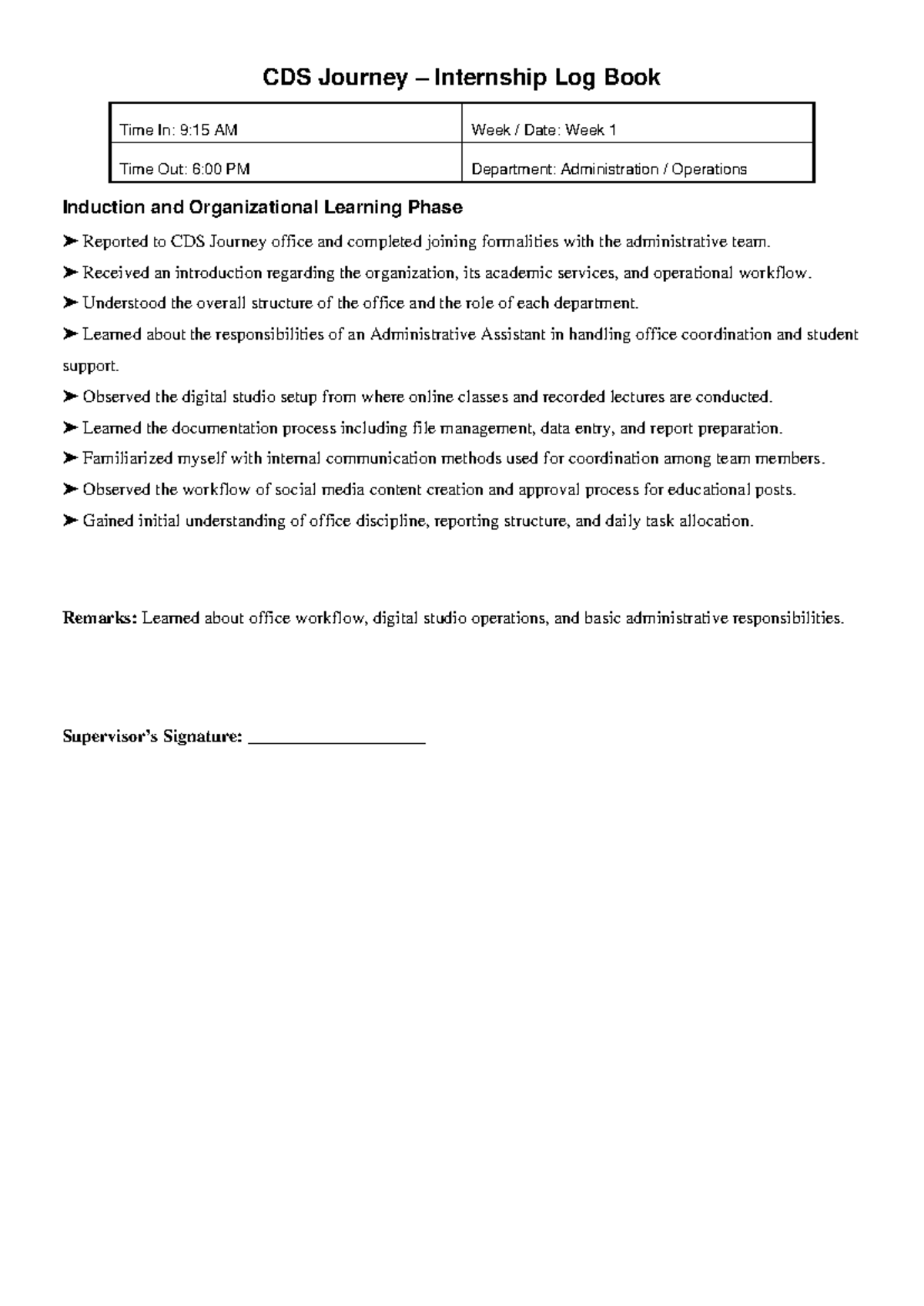 CDS Journey Internship Log Book: Week 1 Overview and Insights - Studocu