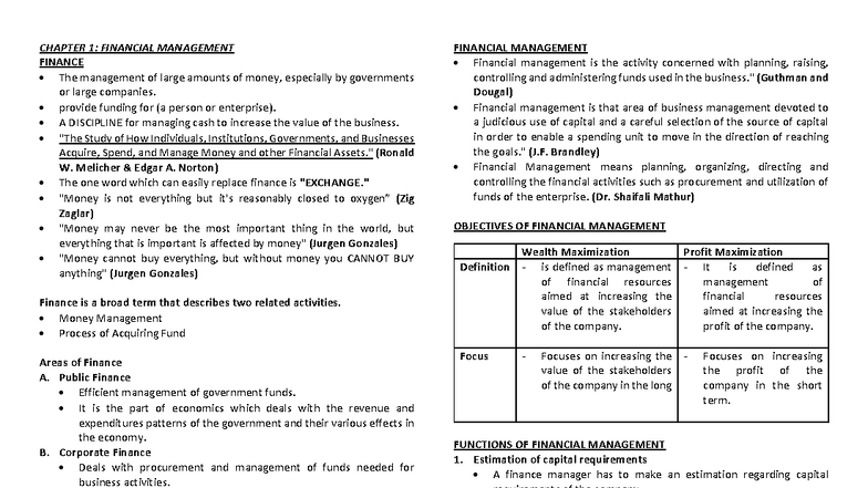 FM - Chapter 1: Financial Management Overview and Key Concepts - Studocu