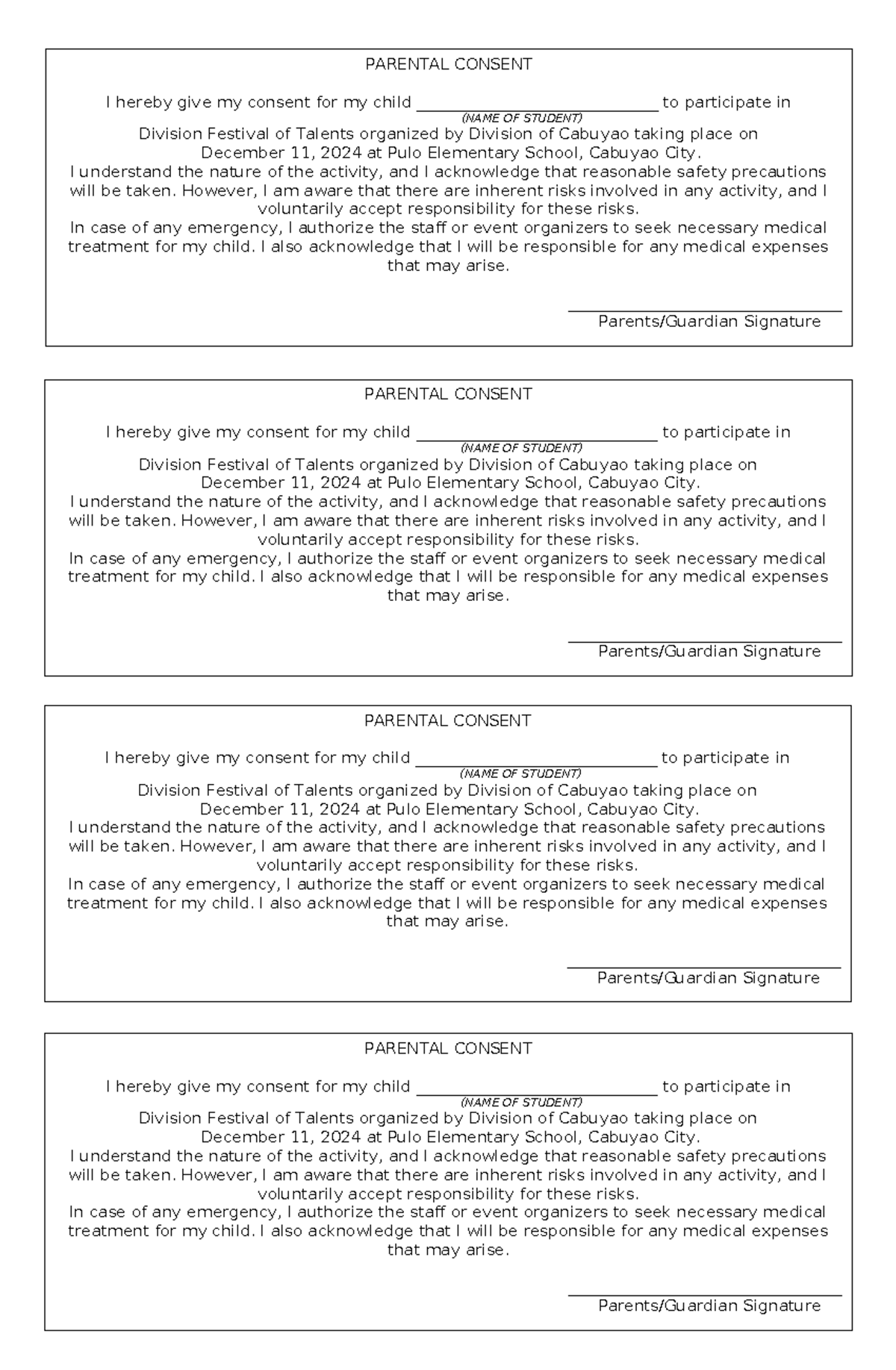 Parental Consent Form for Division Festival of Talents 2024 - Studocu
