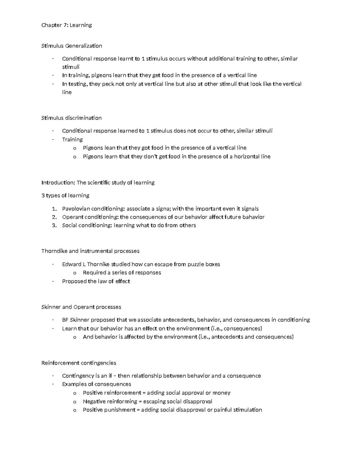 Nov 8 notes - Stimulus Generalization - Conditional response learnt to ...