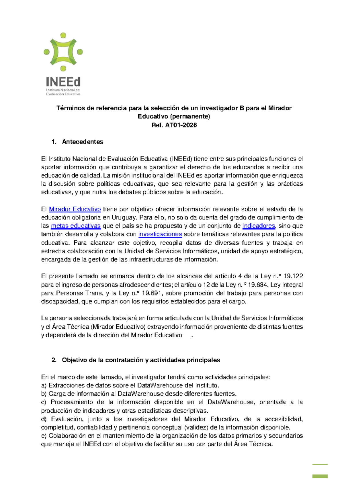 TDR-AT01-2026: Selección de Investigador B para el Mirador Educativo ...