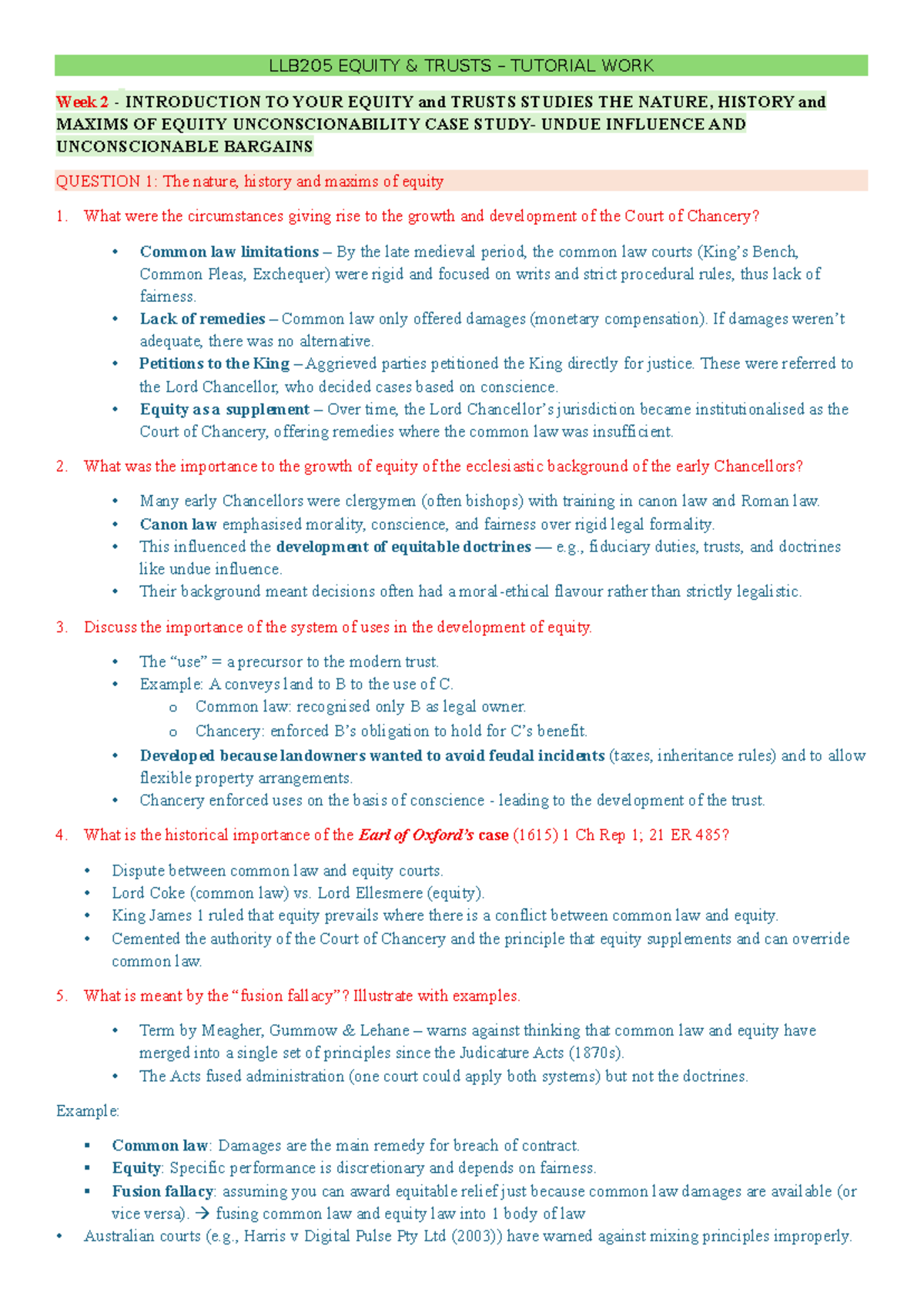 LLB205 EQUITY & TRUSTS TUTORIAL WORK Weeks 1-6: Key Concepts & Case ...