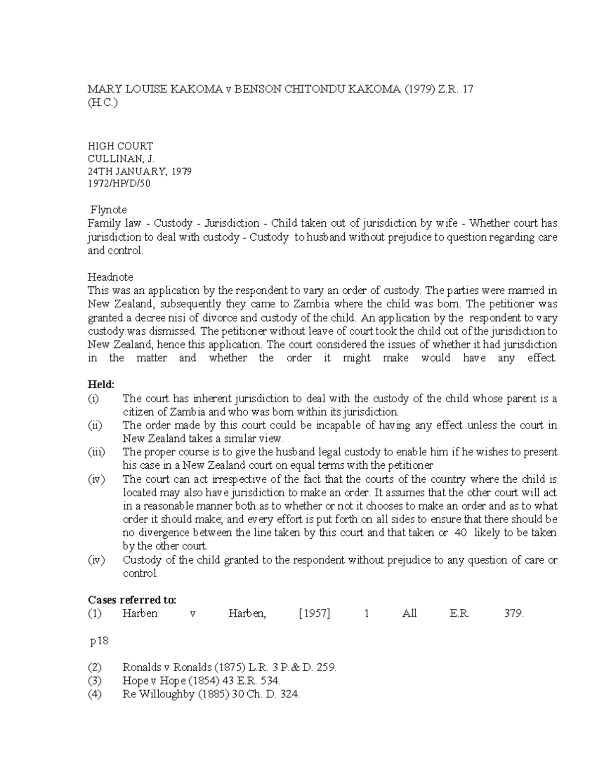 Kakoma v Kakoma (1979) Z.M.H.C. 3: Custody Jurisdiction Ruling - Studocu