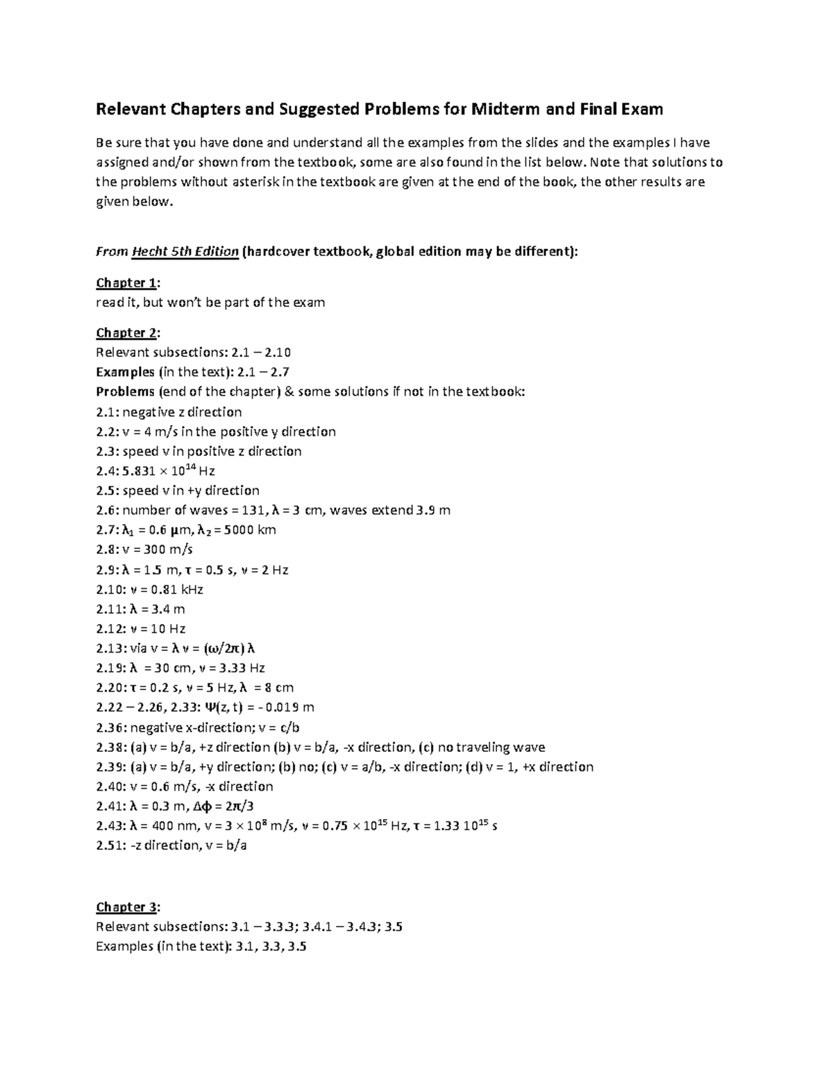 Phys 252 Midterm & Final Exam Suggested Problems and Chapters - Studocu