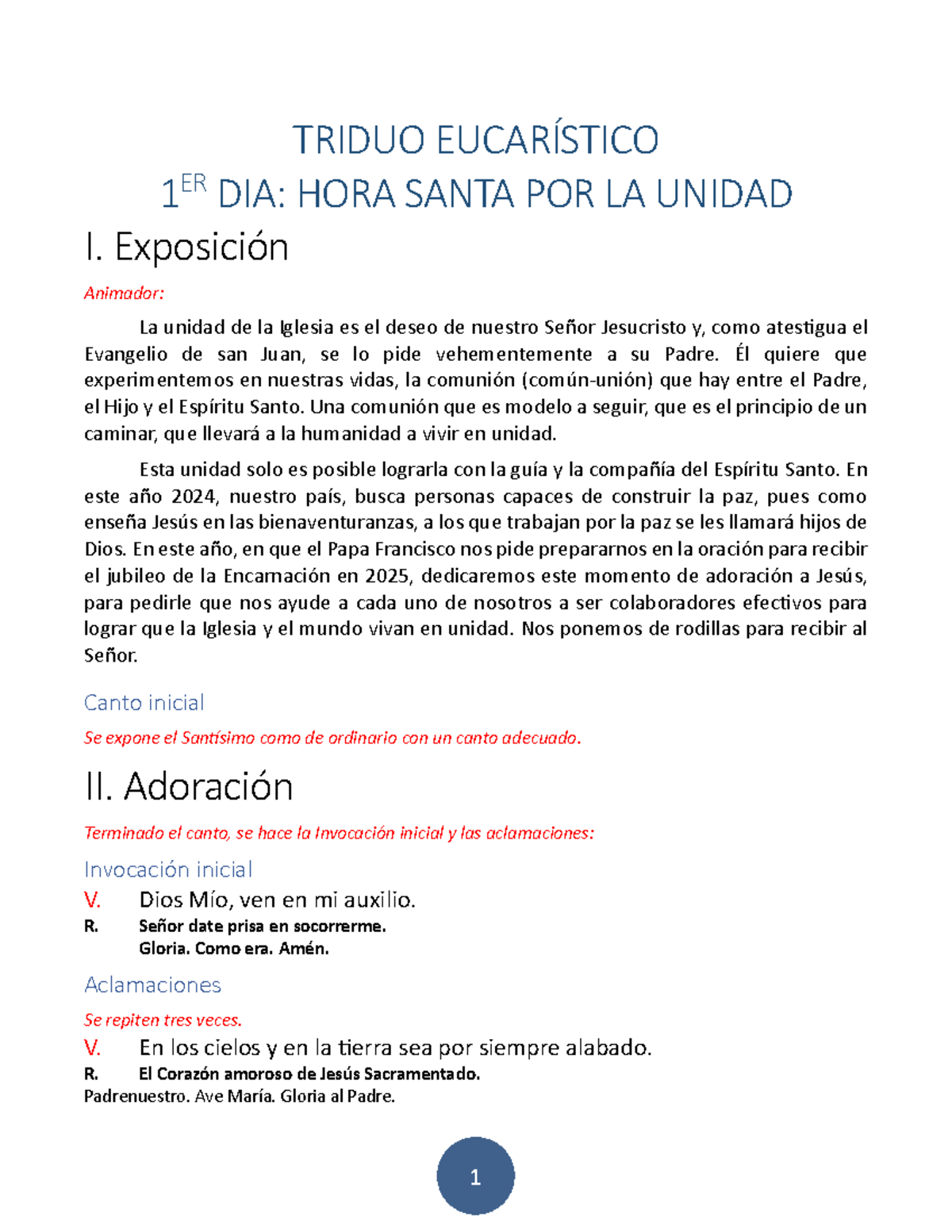 TRIDUO EUCARÍSTICO: HORA SANTA POR LA UNIDAD - 1ER DÍA - Studocu
