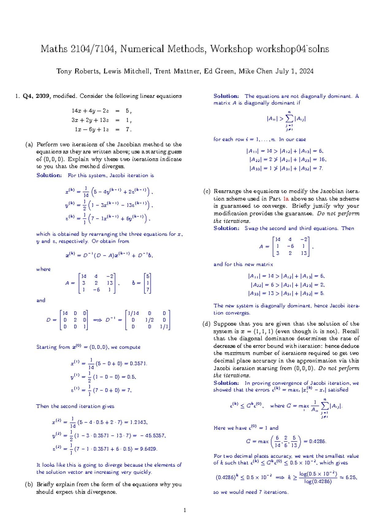 Workshop 03 solns - Maths 2104/7104, Numerical Methods, Workshop 3 Tony ...