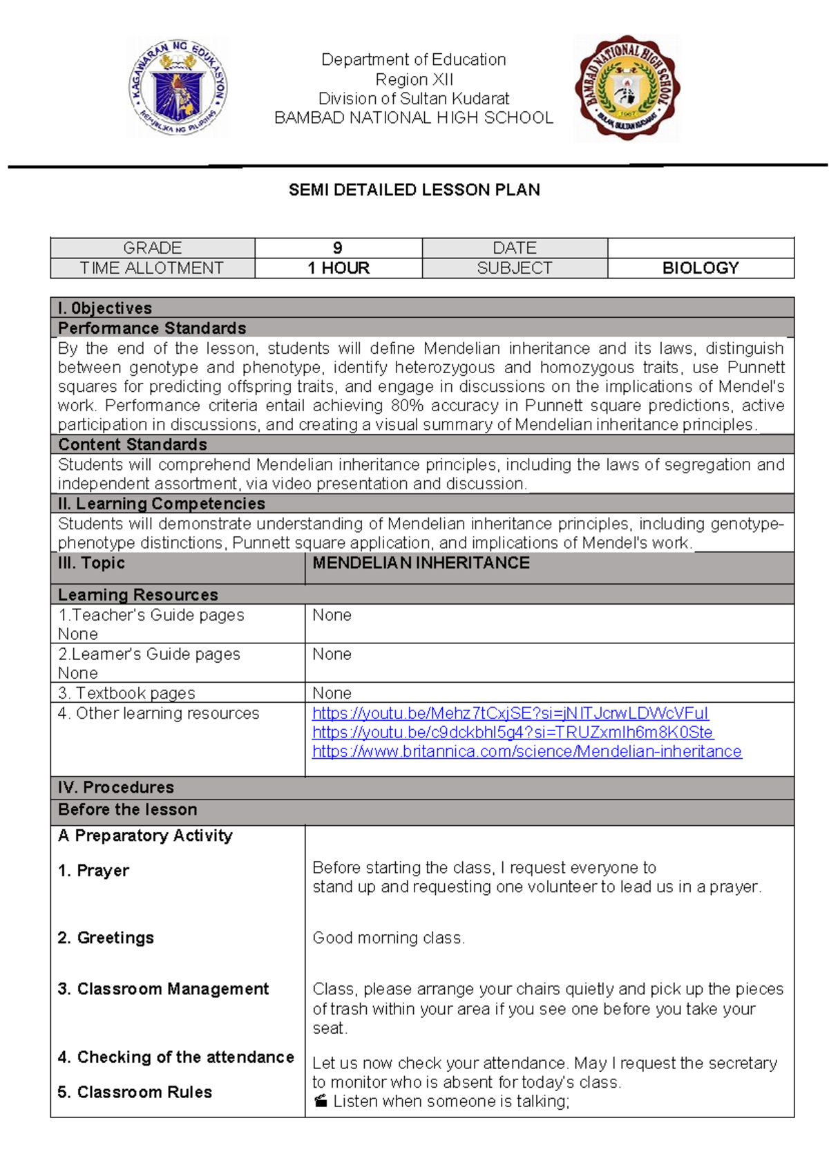 Grade 9 Biology SEMI DETAILED LESSON PLAN on Mendelian Inheritance ...