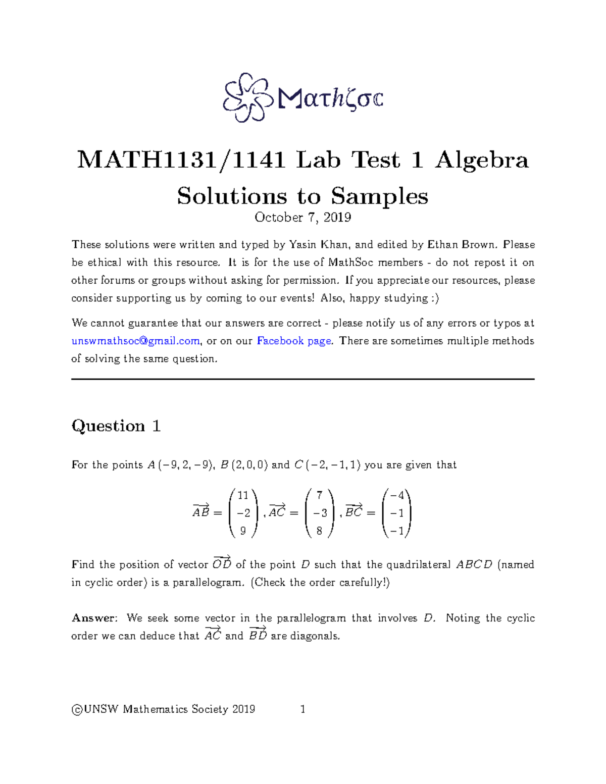 Algebra solutions - MATH1131/1141 Lab Test 1 Algebra Solutions to ...