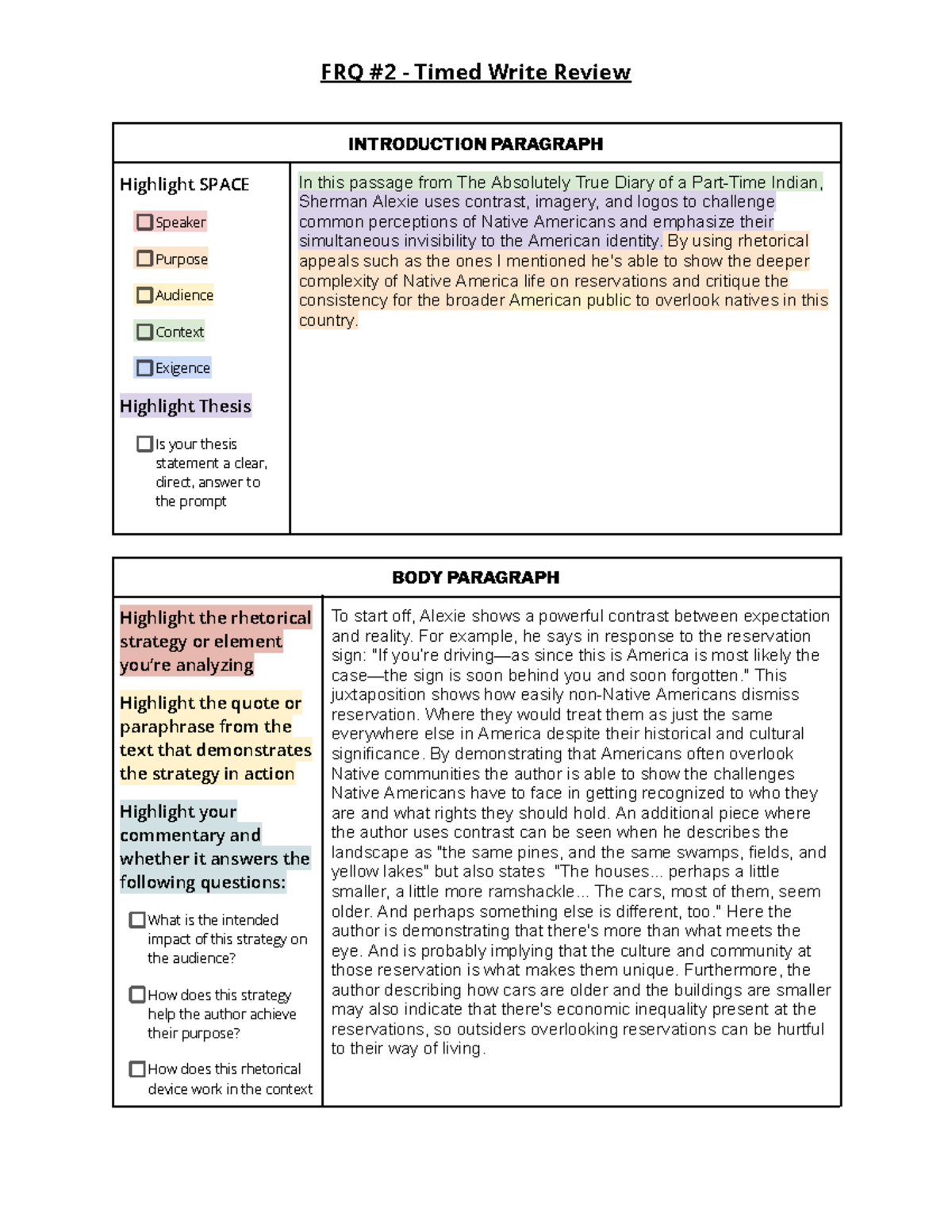 Rhetorical Analysis Review: FRQ Timed Write on Alexie's Work (10350287 ...