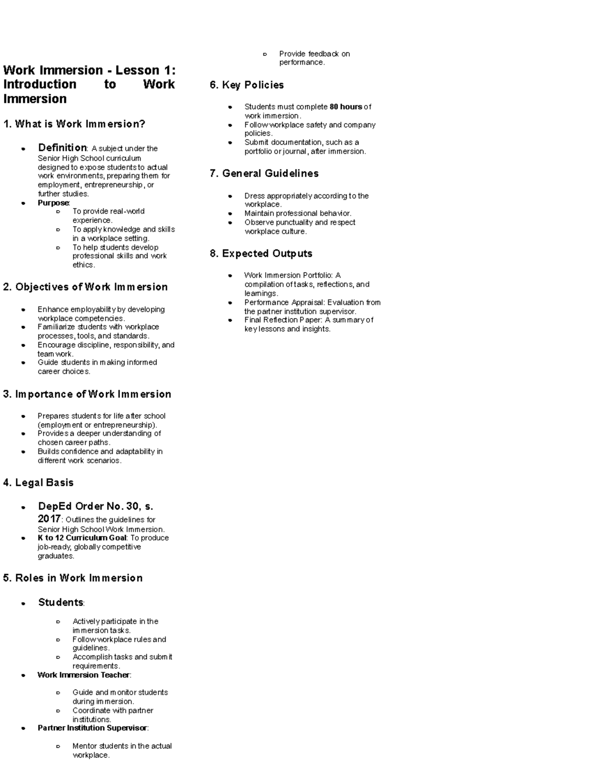 Finals Reviewer - Work Immersion - Lesson 1: Introduction to Work ...