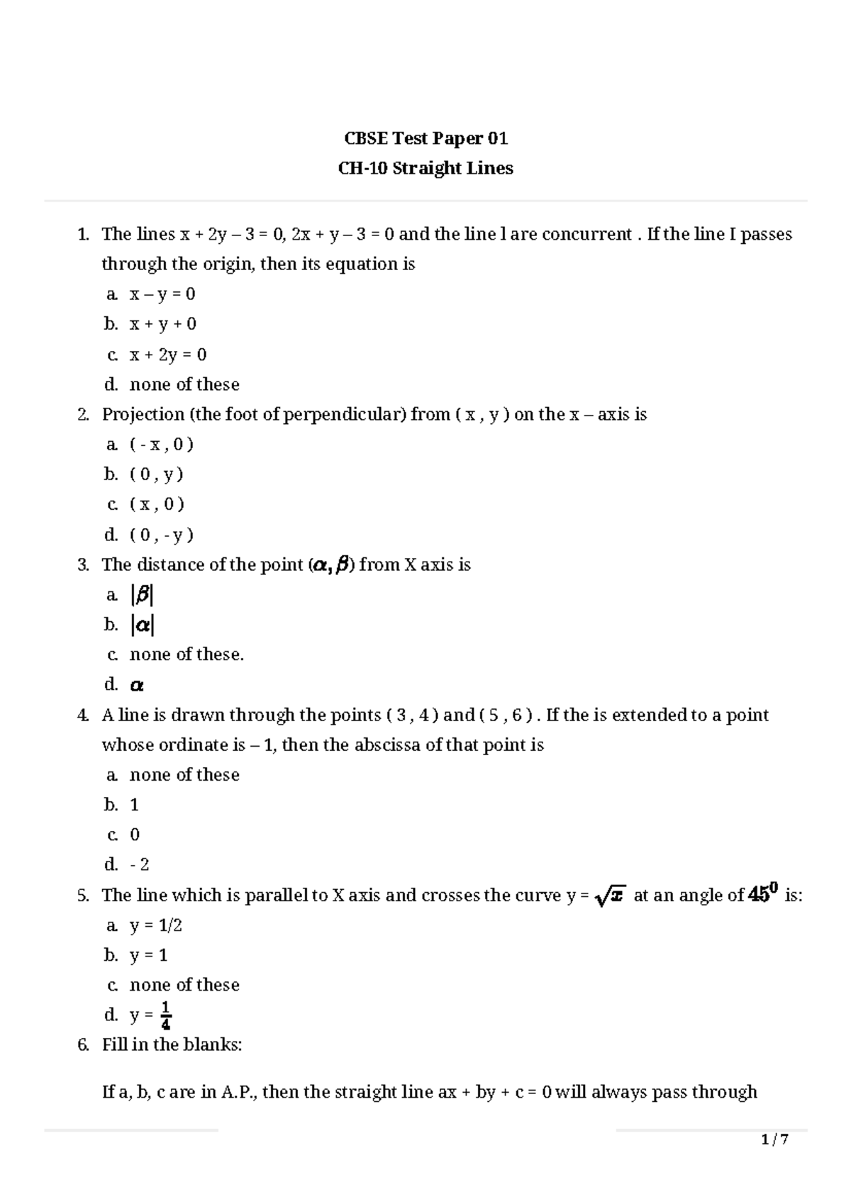 CBSE Test Paper 01: Straight Lines, Conic Sections & 3D Geometry - Studocu