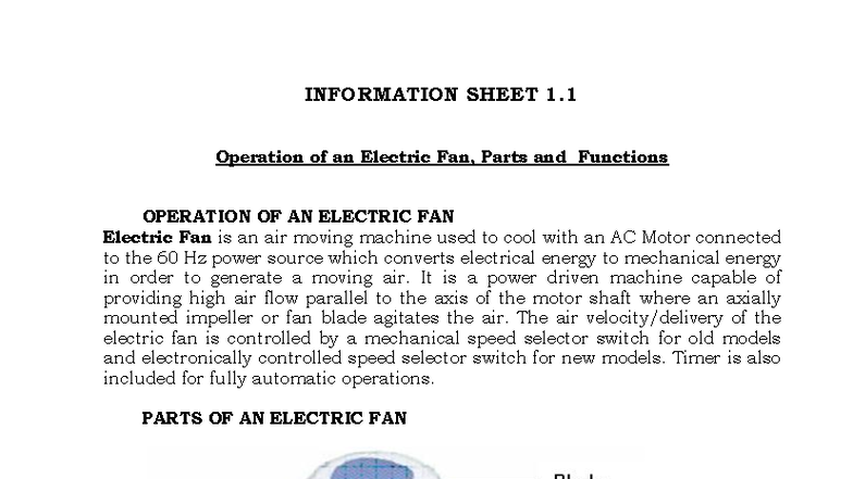 INFORMATION SHEET 1.1: Operation, Parts & Functions of Electric Fan ...