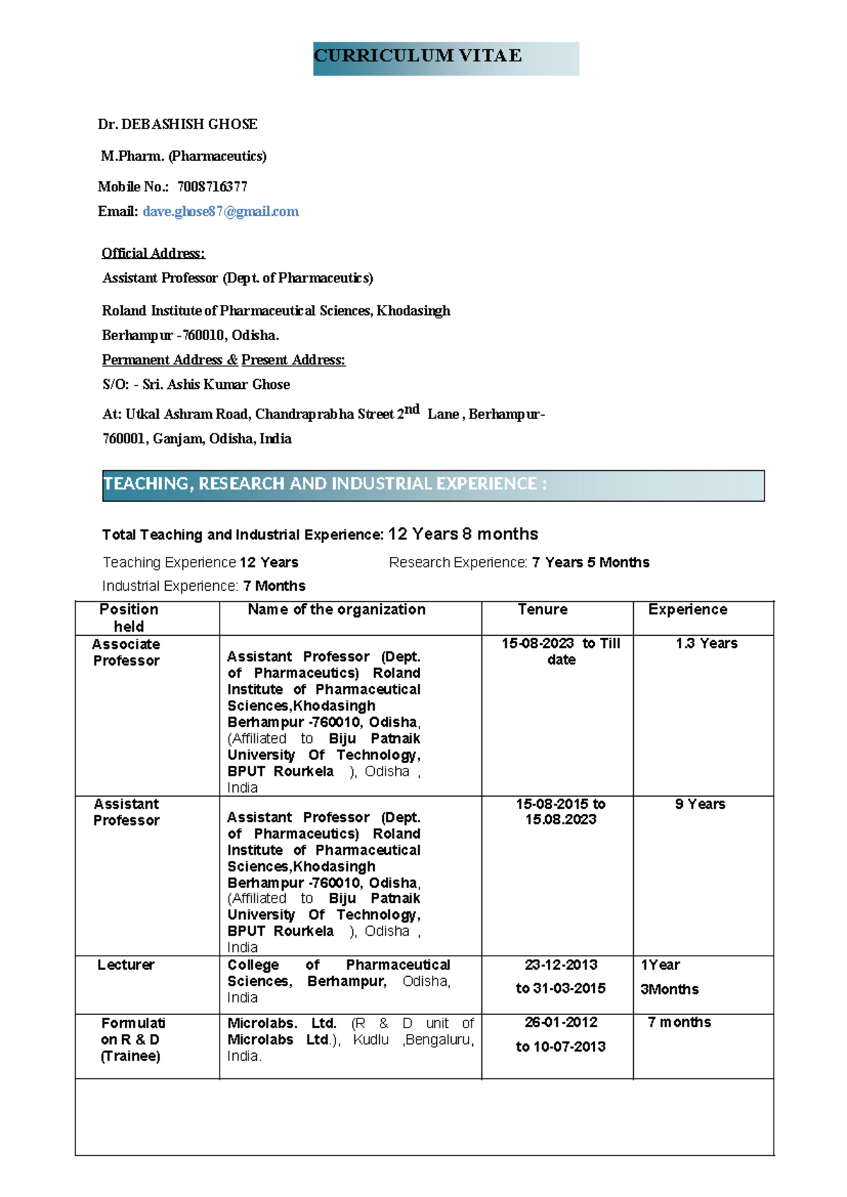 Debashish Ghose's CV - Pharmaceutics Expertise and Experience - Studocu