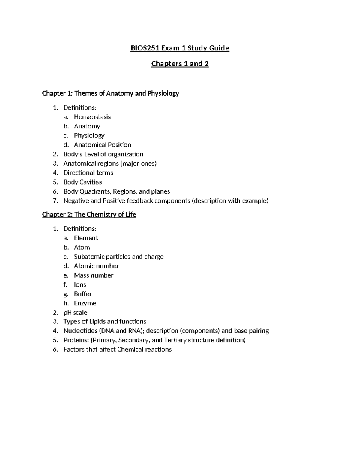 BIOS251 Exam 1 Comprehensive Study Guide for Chapters 1 & 2 - Studocu