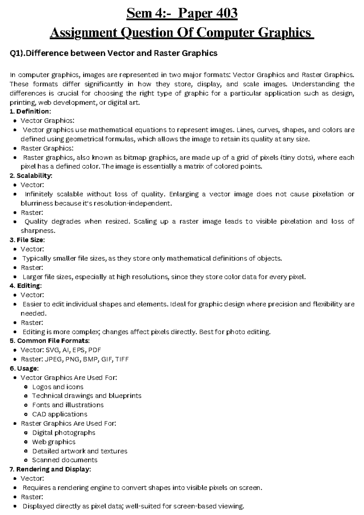Sem 4 Paper 403: Assignment on Vector vs Raster Graphics & Computer ...