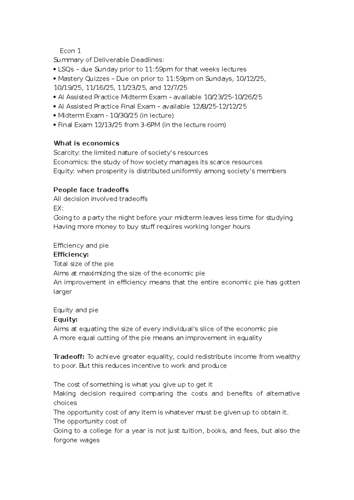 Econ 1 - Summary of Key Economic Concepts and Exam Deadlines - Studocu