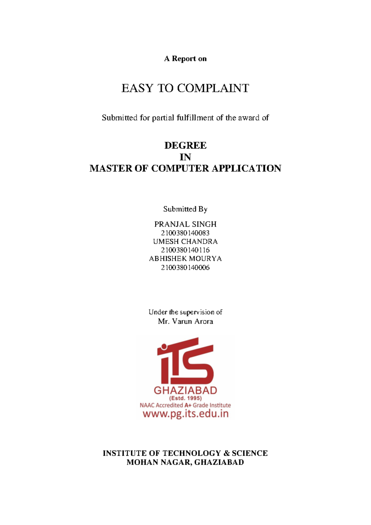 MCA Project: Easy To Complaint Management System Report - Studocu