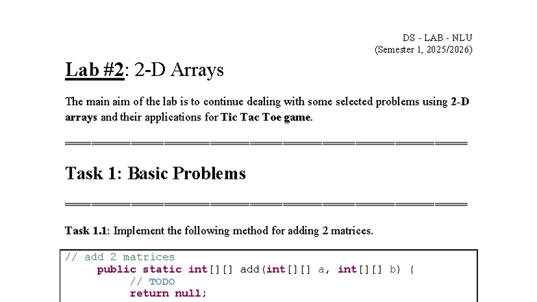 DS LAB NLU (Semester 1) - Arrays & Tic Tac Toe Implementation - Studocu