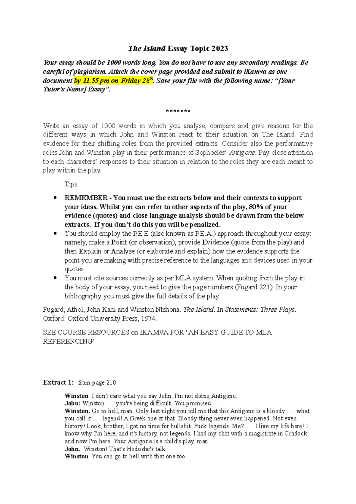 The Island - 2023 Assignment Essay Analysis of John & Winston - Studocu