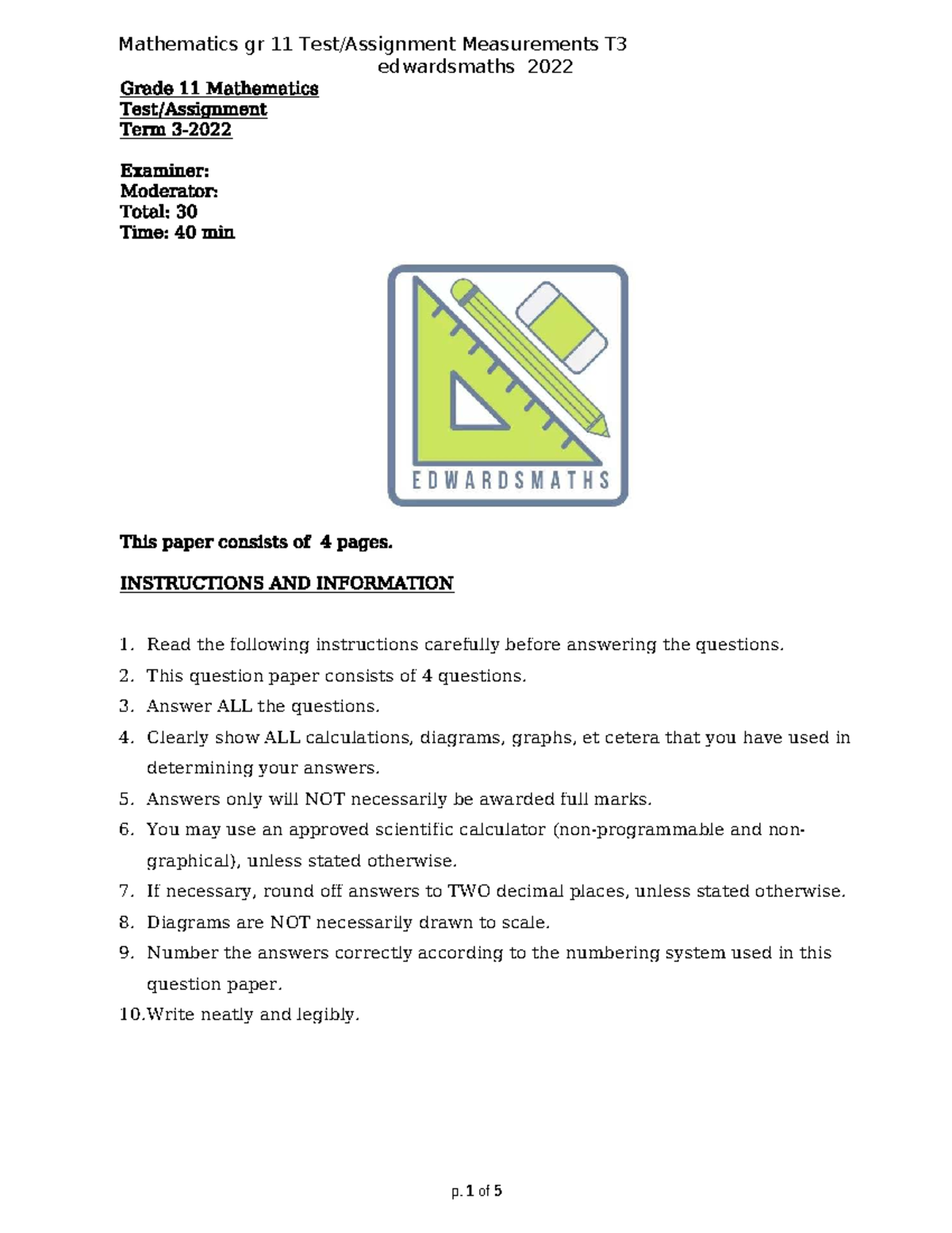 Grade 11 Mathematics T3 Measurements Test - Edwardsmaths 2022 - Studocu