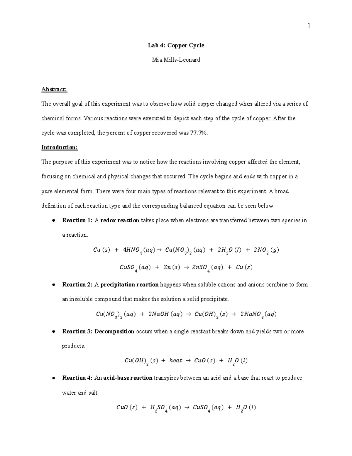 PSU, CH 221/227 Lab, Copper Cycle Lab Report - Lab 4: Copper Cycle Mia ...