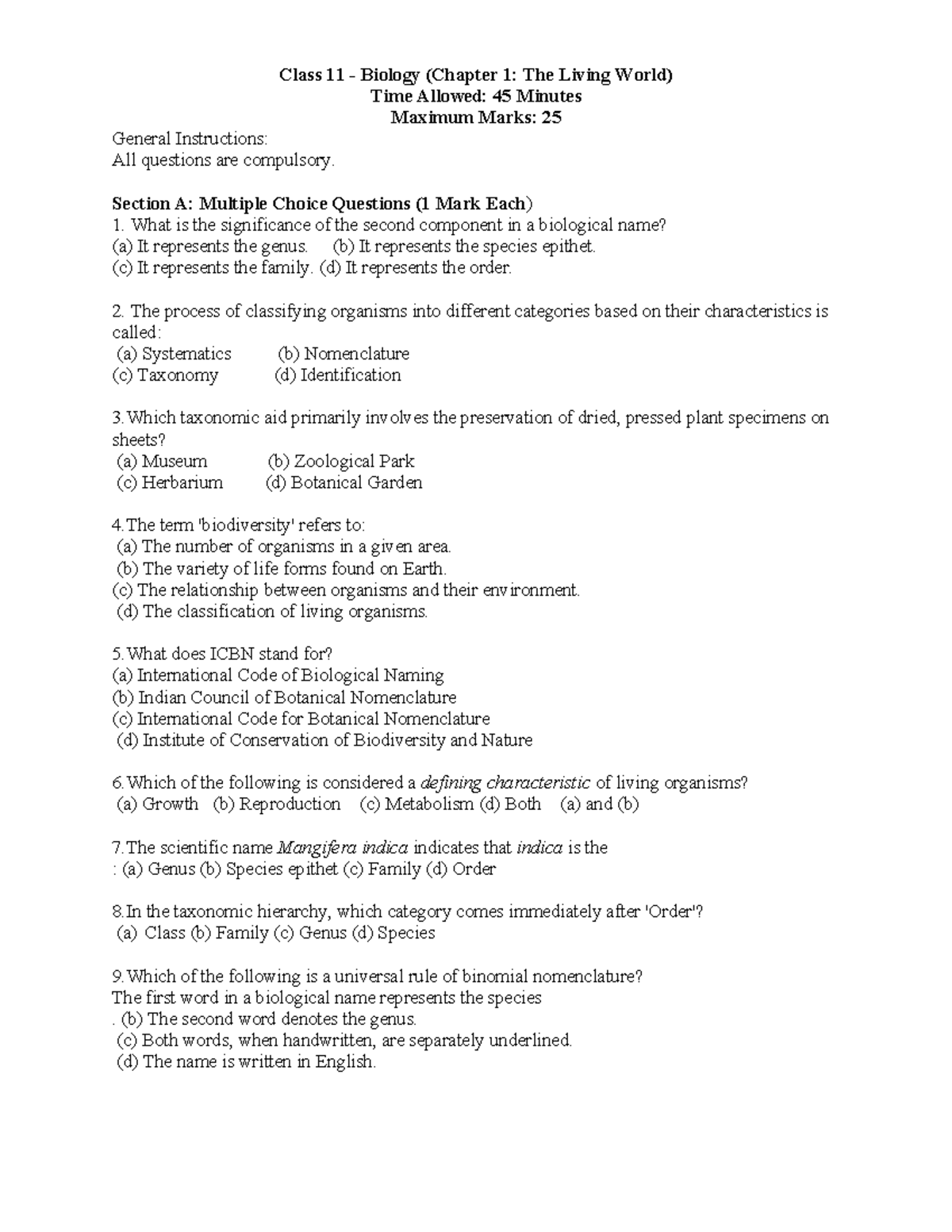 Class 11 Biology: Chapter 1 - The Living World Quiz Questions - Studocu