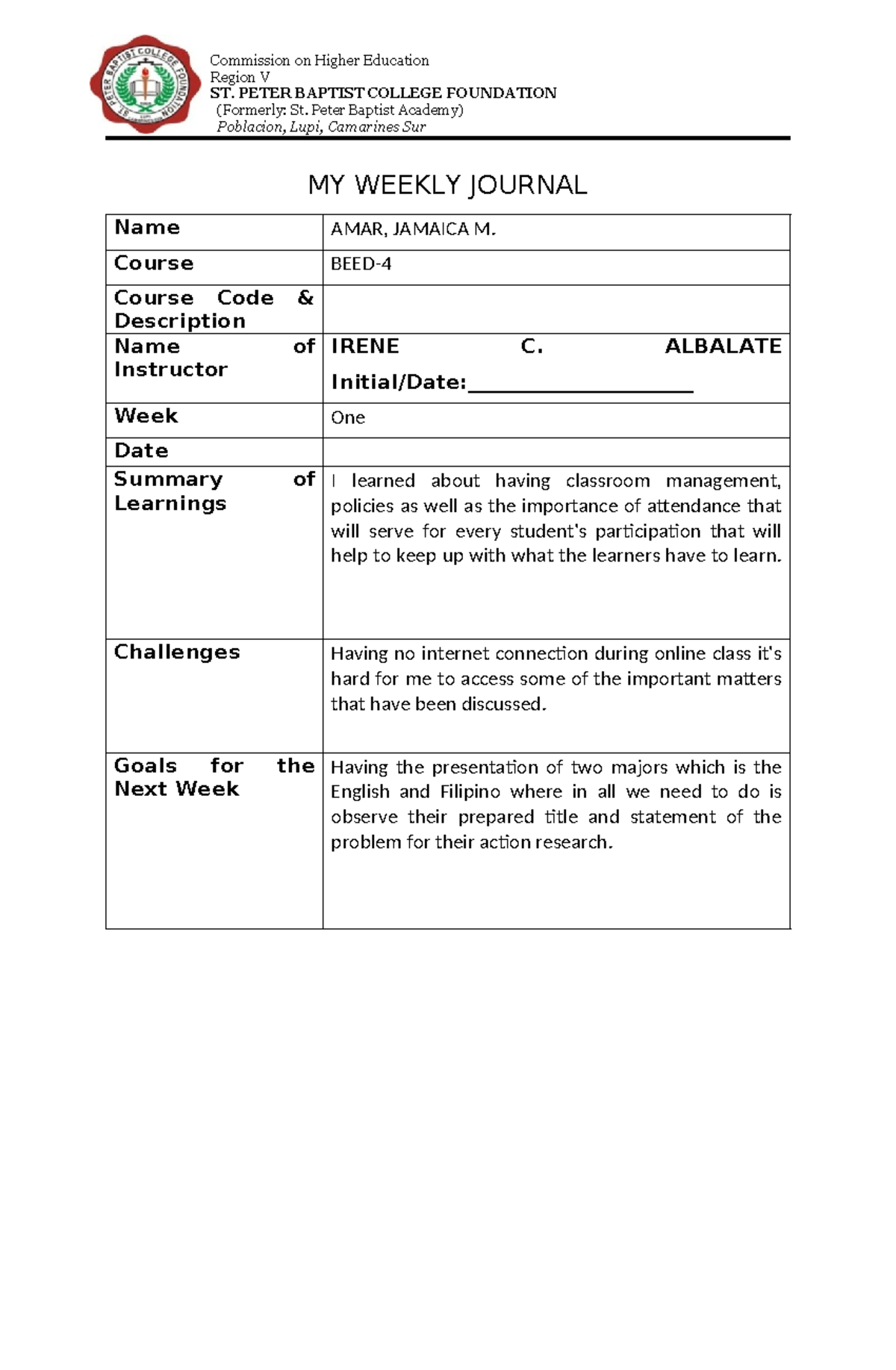 BEED Weekly Journal Template - Week 1 Summary and Goals - Studocu