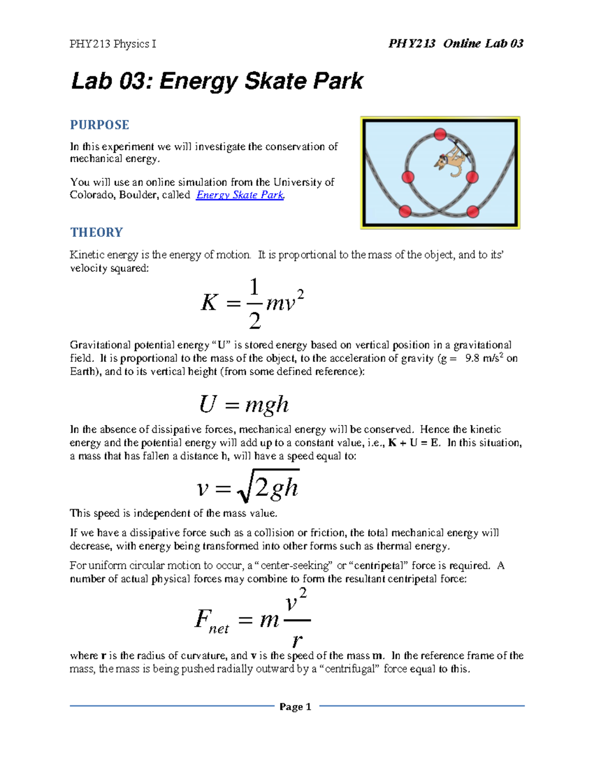 PHY213 Lab 03: Exploring Mechanical Energy with Energy Skate Park - Studocu